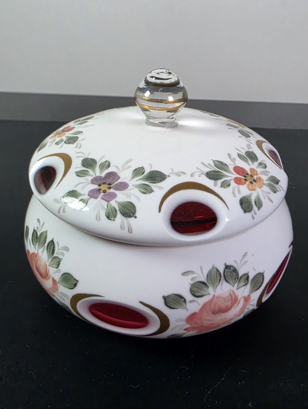 Hand-Painted Floral Glass Candy Dish with Red Ruby Insets